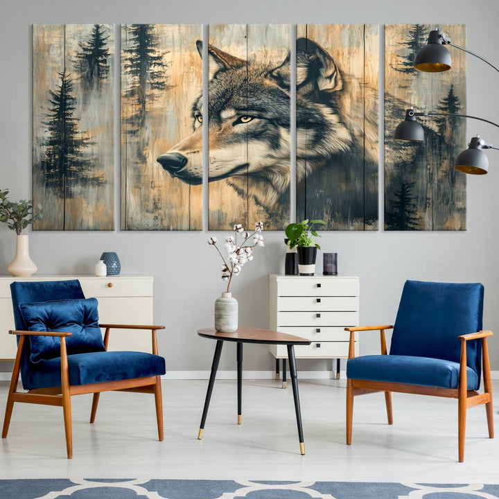 A Wood Style Rustic Wolf Wall Art Canvas Print adorns the kitchen.