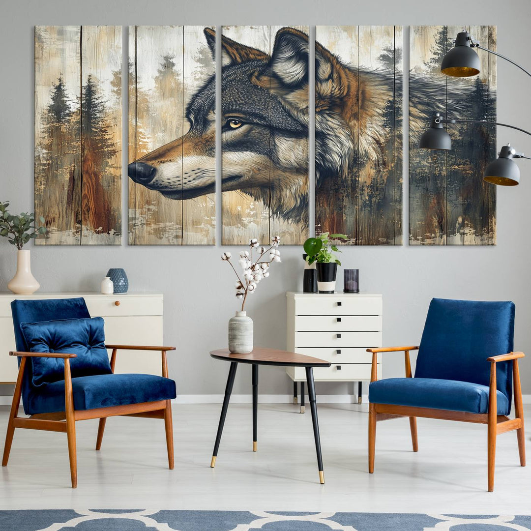 A kitchen dining area features Rustic Wolf Wall Art.