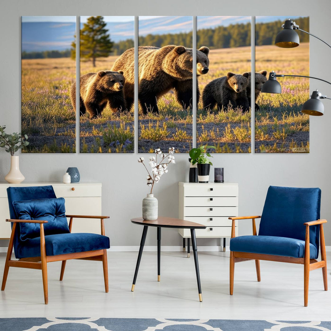 The Grizzly 399 in Wild Flowers wall art canvas print.