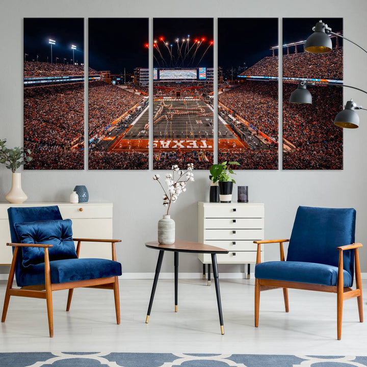 A Texas Memorial Stadium canvas print with fireworks embellishes the modern living room.