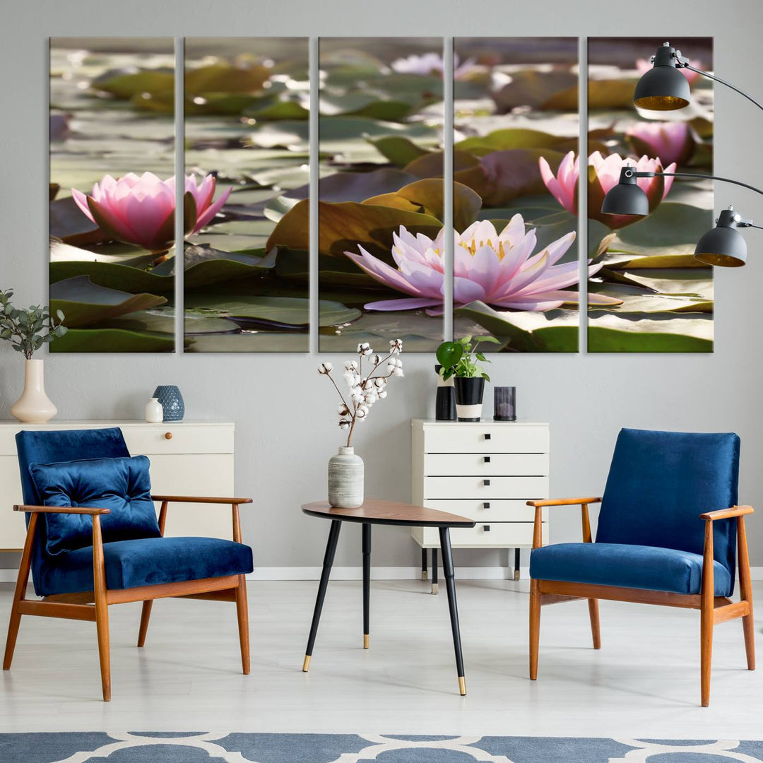 The dining room features the Water Lily Large Canvas Print.