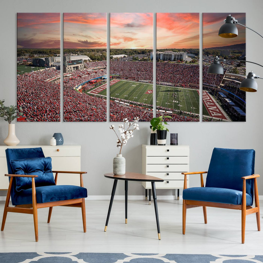 Gallery-quality Indiana Memorial Stadium Wall Art Canvas: A stunning view of the stadium at sunset.