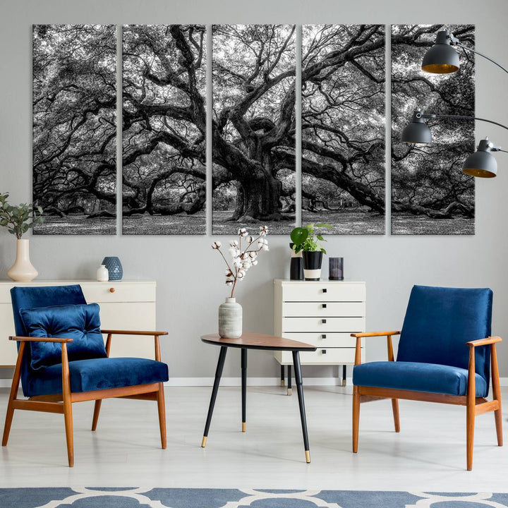 The Black and White Old Angel Oak Tree Canvas Print enhances the modern dining room.