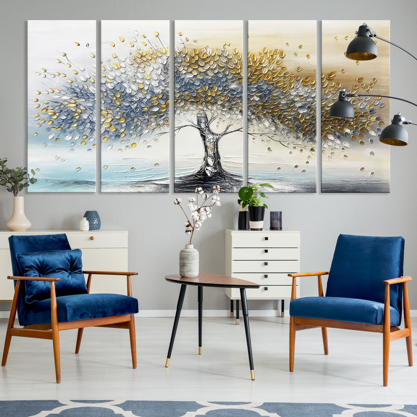 Canvas of a silver and gold textured tree with a soft neutral background, ideal for elegant and minimalist home decor styles.