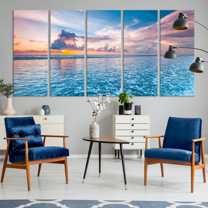 An Ocean Sunset Canvas Wall Art depicting a vibrant sky and rolling waves.