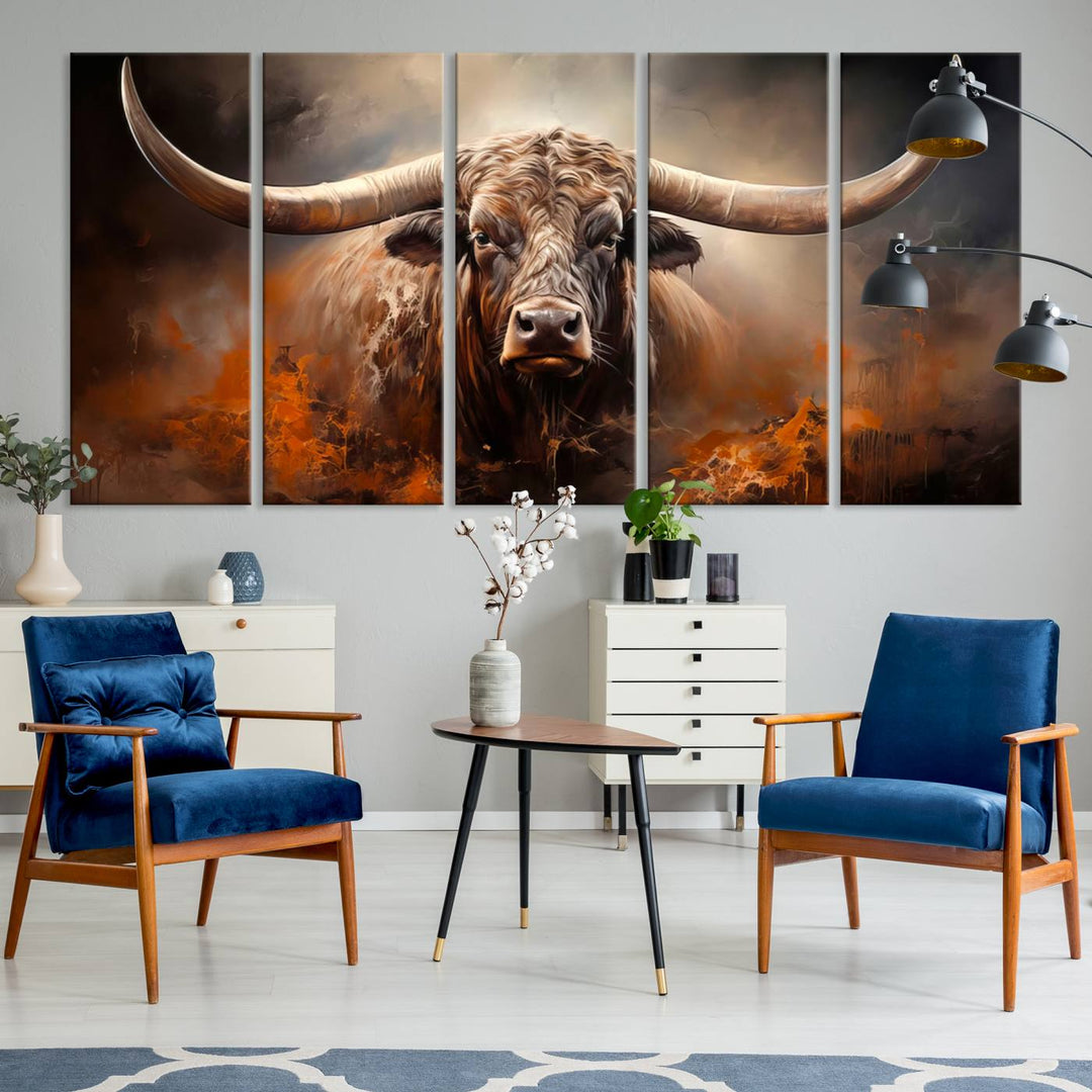 A Highland Bull with striking horns is depicted in a fiery abstract style on a ready-to-hang wall art canvas, evoking strength.