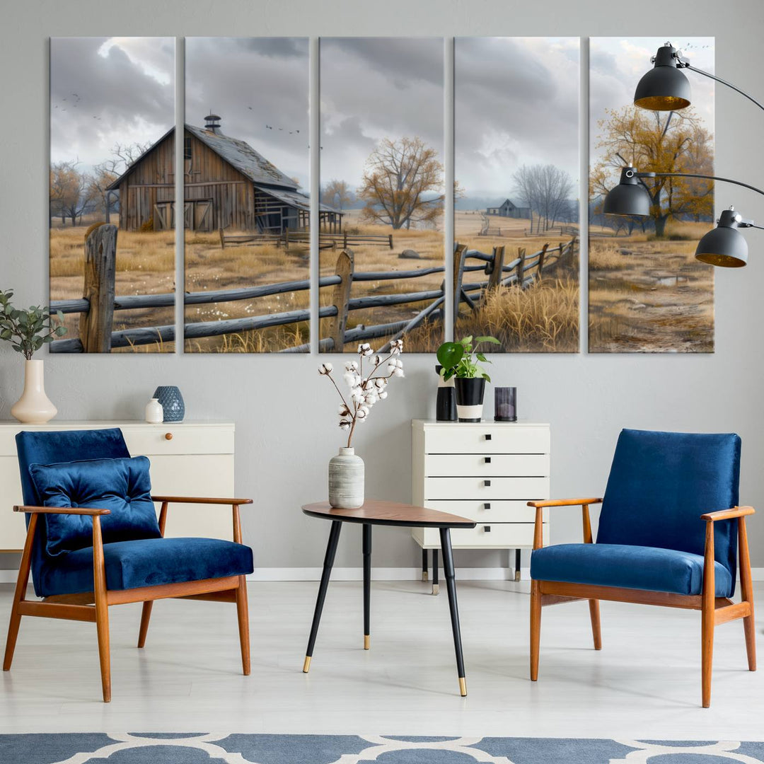 Rustic Autumn Farmhouse Wall Art – Weathered Barn & Trees Canvas Print, featuring a serene scene with birds in the sky. This piece is ready to hang.