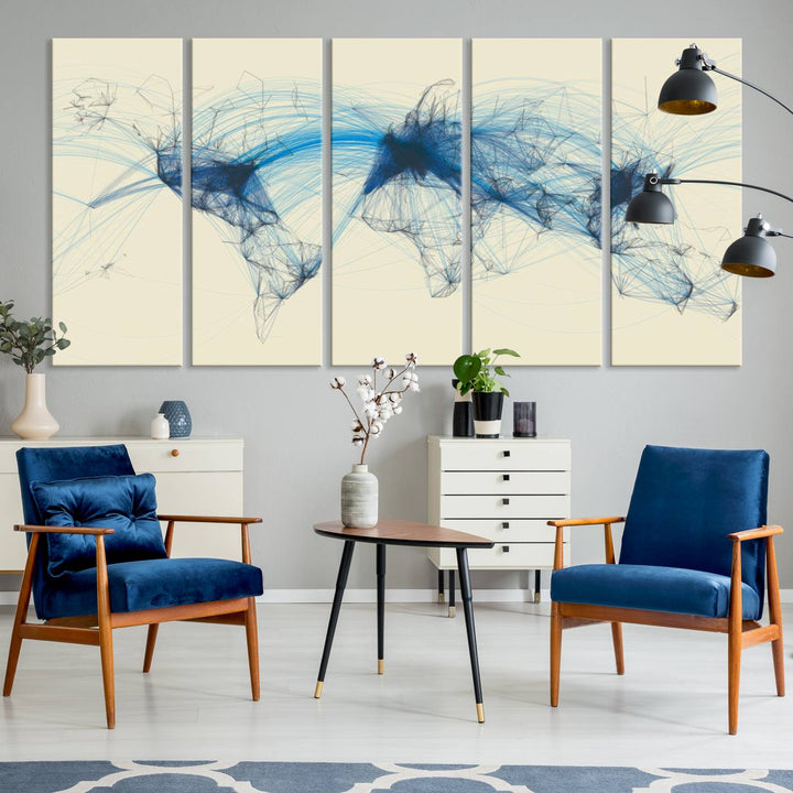 Flight Routes Map: Air Traffic Avi World Map featuring blue lines symbolizing global data. Ideal for home decor and ready to hang.