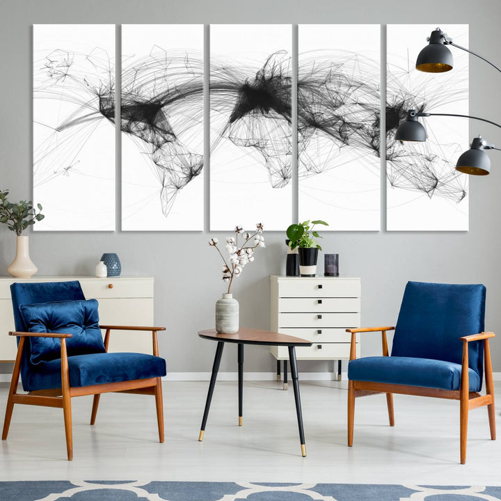 The Flight Routes Air Traffic canvas wall art, framed and ready to hang, is perfect for aviation enthusiasts.