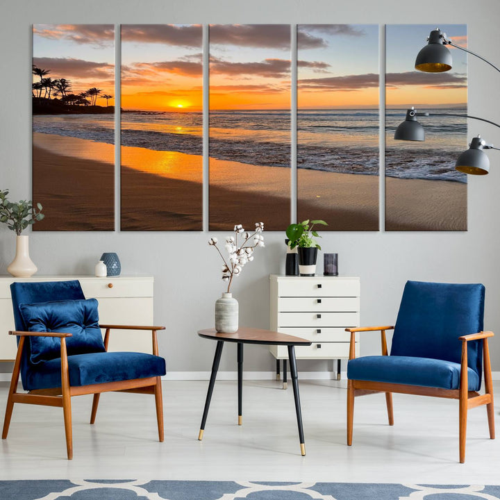 Sunset Wall Art Print featuring a beach sunset with waves and palms, perfect for coastal decor.