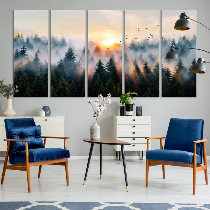 Sunrise over a misty forest with rays filtering through trees in the Abstract Forest Wall Art featuring soaring birds.