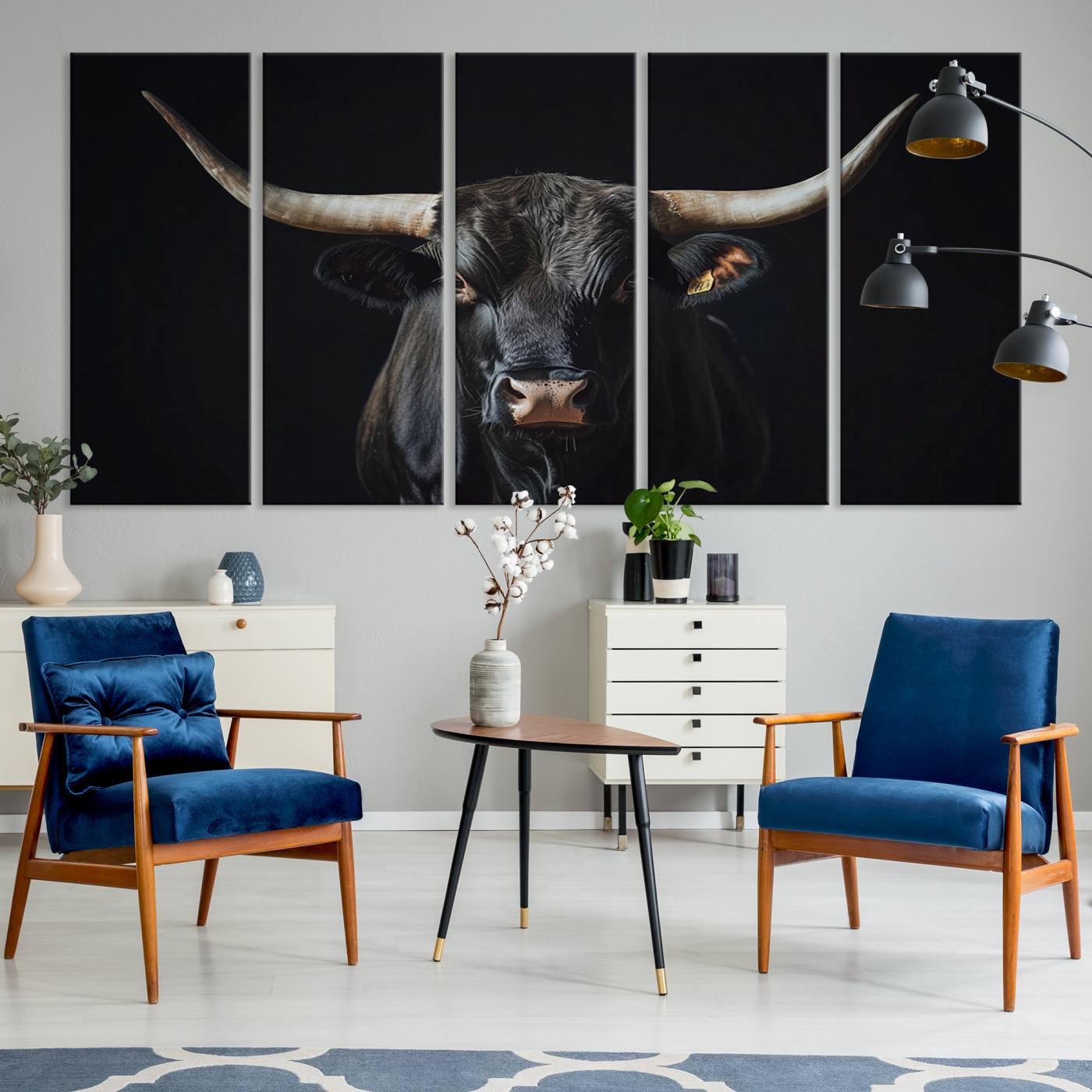 Canvas of a black longhorn bull against a dark background, featuring moody tones and western character for rustic or cowboy-inspired spaces.
