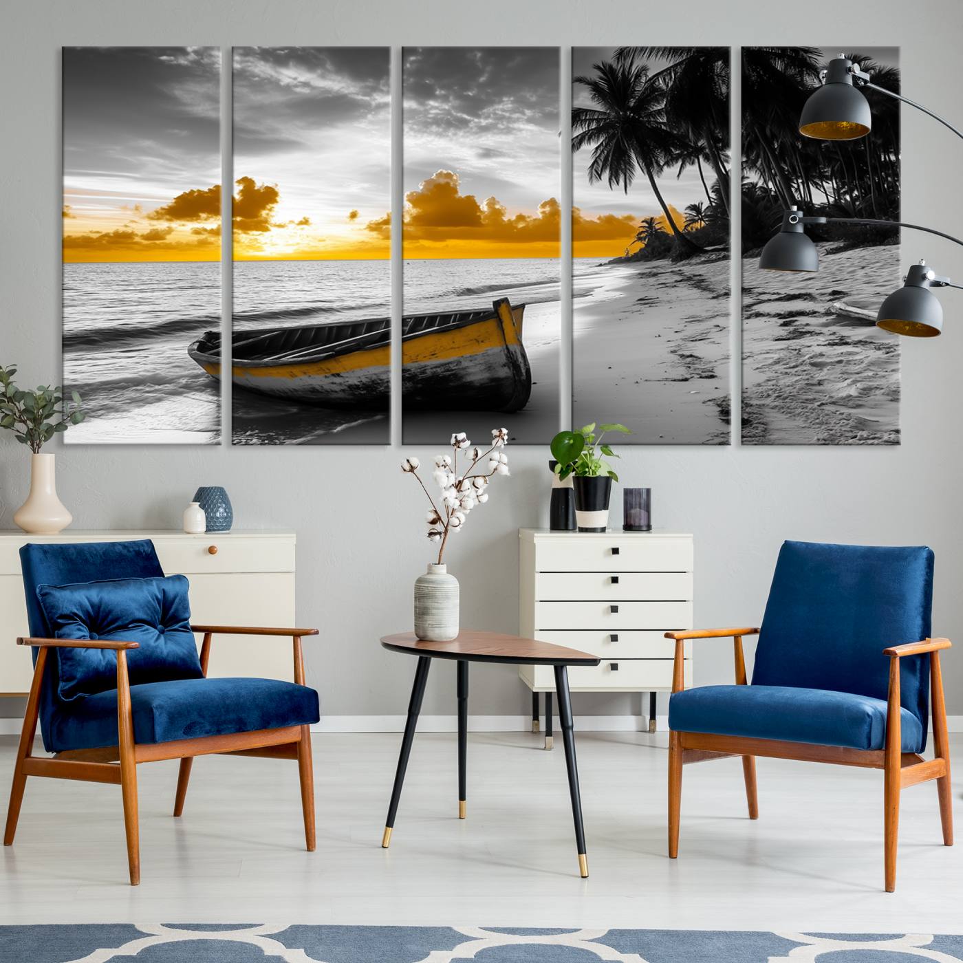 Canvas of a yellow rowboat on a black and white tropical beach with golden sunset sky, ideal for coastal or tropical-themed home decor.