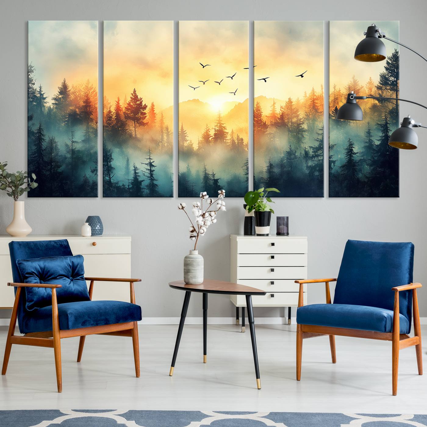 Canvas of a misty pine forest at sunrise with golden light and birds flying across the sky, perfect for tranquil nature-themed wall decor.