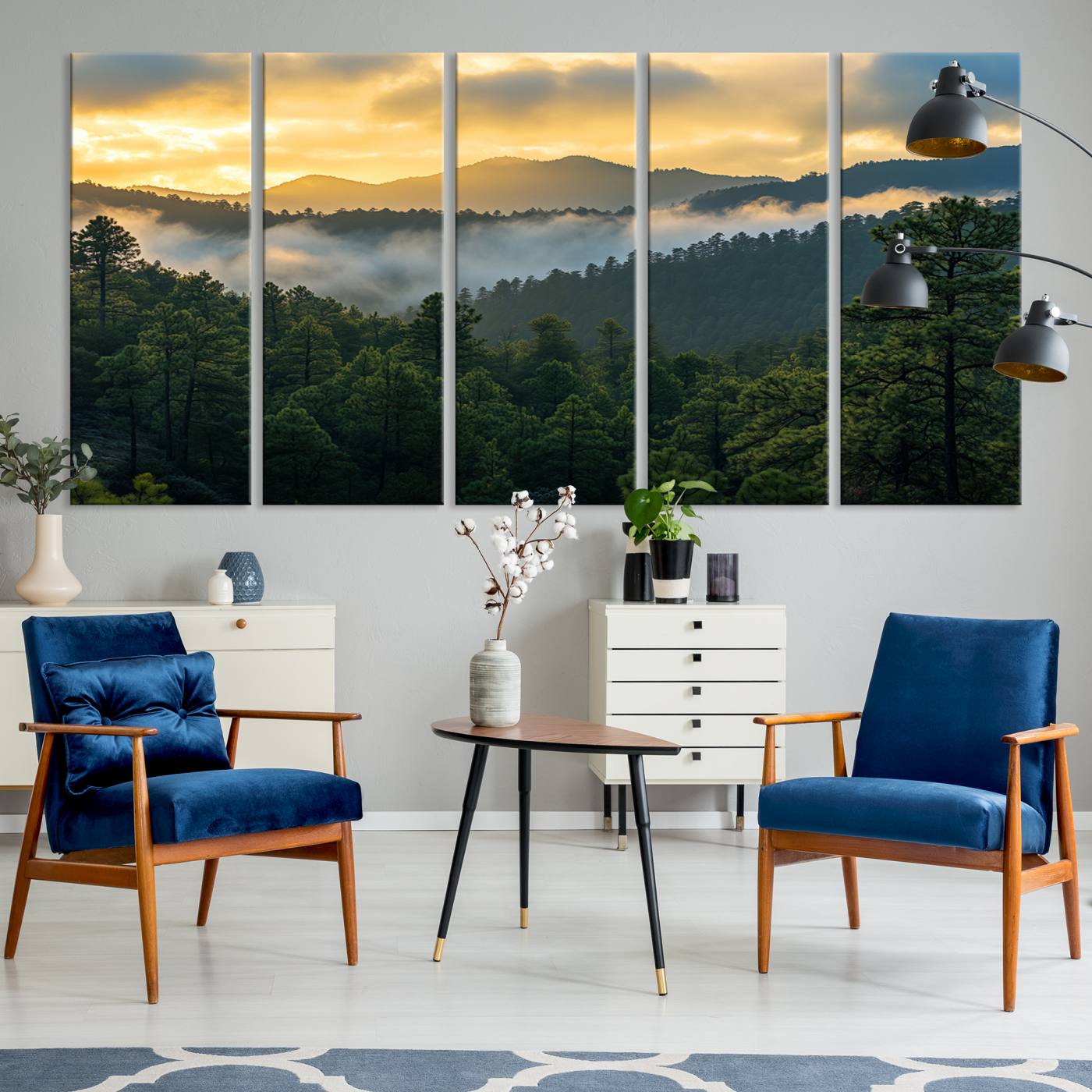 Canvas of misty pine-covered mountains at sunrise, featuring golden light and fog layers, ideal for tranquil earthy home decor.