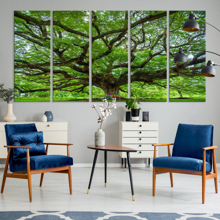 Framed Angel Oak Tree print featuring sprawling branches and ribbons against a clear sky backdrop, ideal for home or office decor.