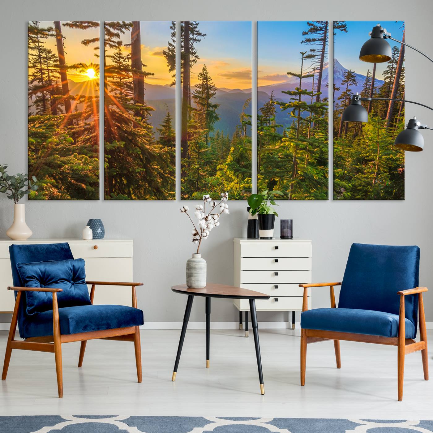 83544043-MGV-CV-36X24-Forest Sunset Wall Art Canvas Print, Framed Sunset Trees Art Picture Print, Green Pines Perfect Rustic Nature Decor