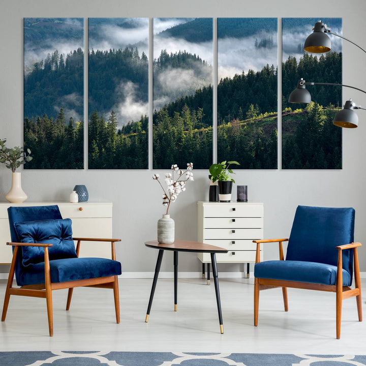 Moody canvas of misty pine forests over layered hills, perfect for cool-toned nature-inspired or woodland-style home decor.