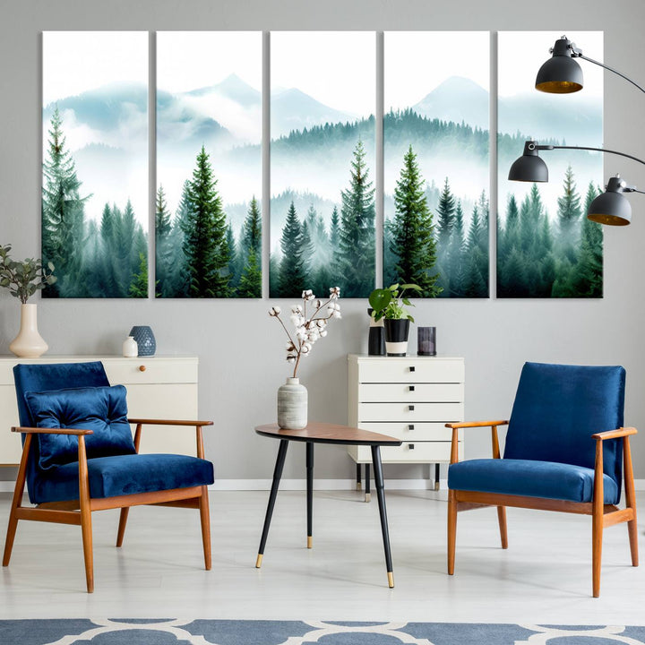16716676-MGV-CV-36X24-Pine Forest Wall Art Canvas Print, Framed Misty Mountains Art Picture Print, Foggy Trees Perfect Moody Forest Decor Artwork