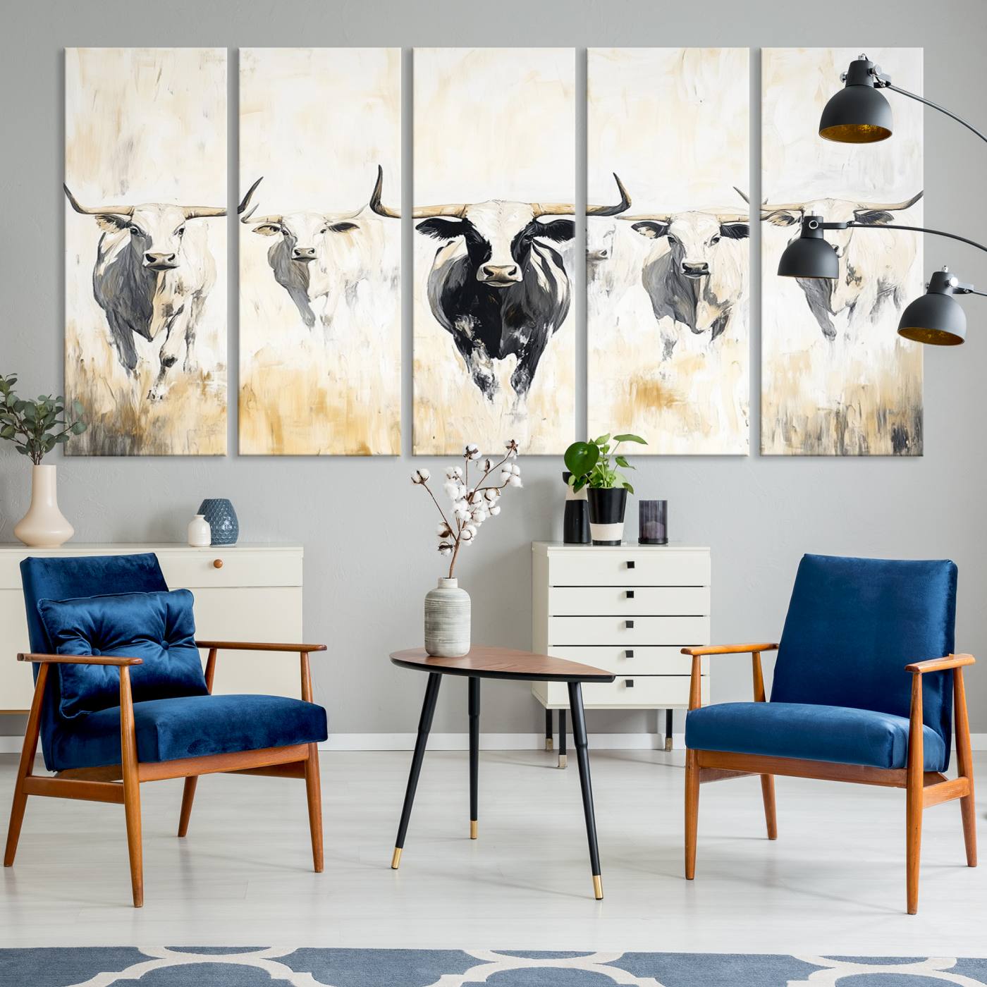40397799-MGV-CV-36X24-Texas Longhorn Canvas Print, Framed Rustic Herd Art Picture Print, Western Bull Perfect Neutral Western Decor