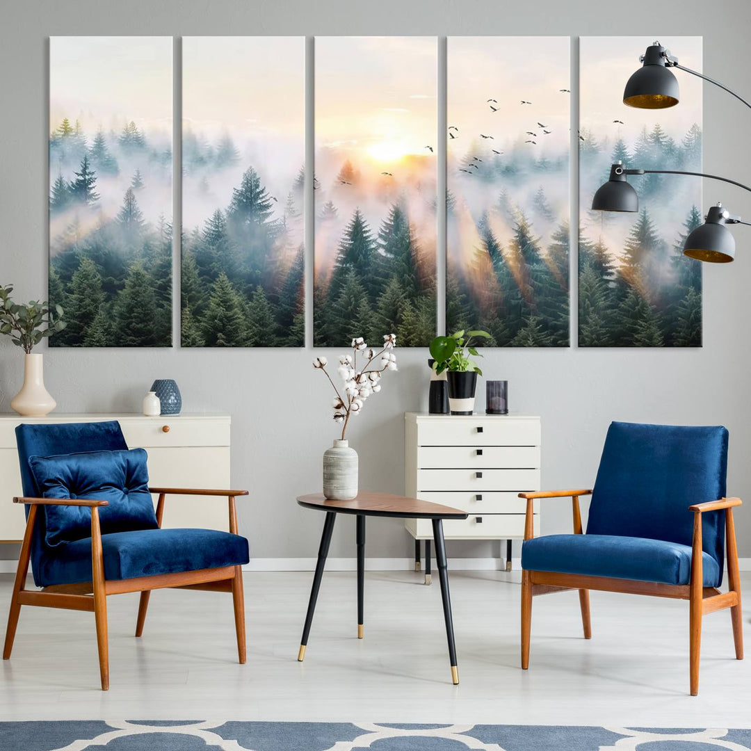 Misty Pine Forest Wall Art: A depiction of sunrise over foggy trees and birds against a bright sky; a framed woodland scene ideal for home or office decor.