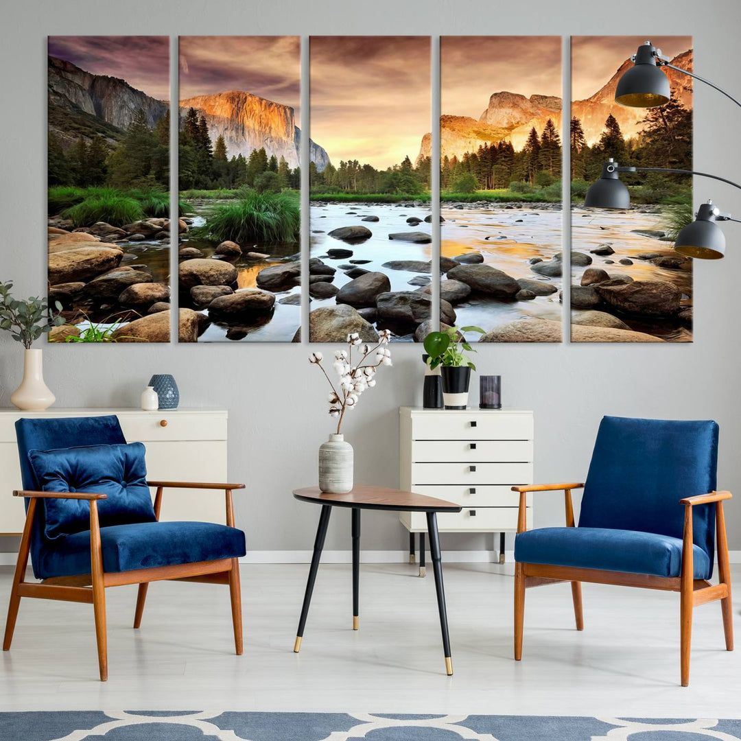 A tranquil riverside sunset mirrors the beauty of a Yosemite wall art masterpiece like the Large El Capitan Print.