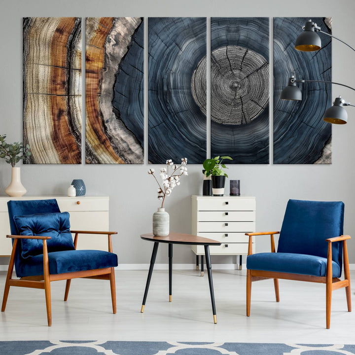 Close-up of the Abstract Tree Rings Wall Art Print featuring shades of blue, brown, and gray.