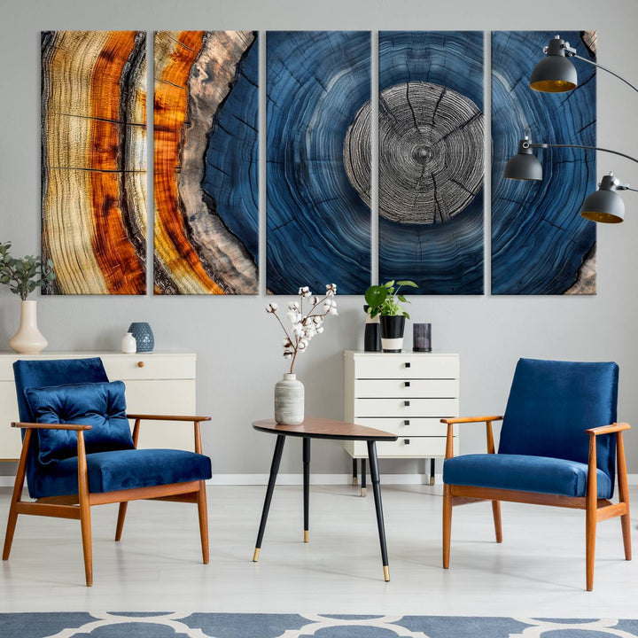 Vibrant Abstract Tree Rings in Orange, Brown, and Blue - Canvas Print for Nature Woodland Wall Decor.