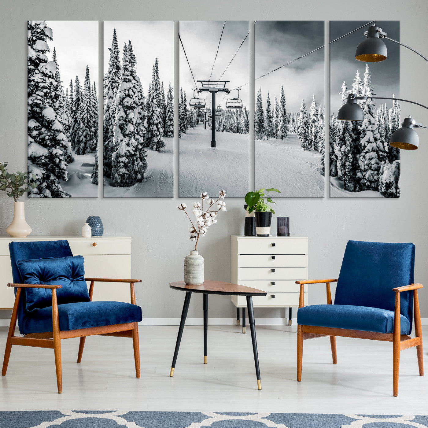 31156828-MGV-CV-36X24-Snowy Pines Wall Art Canvas Print, Framed Ski Lift Art Picture Print, Winter Forest Perfect Moody Lodge Decor, Ski Lift Wall Art Canvas