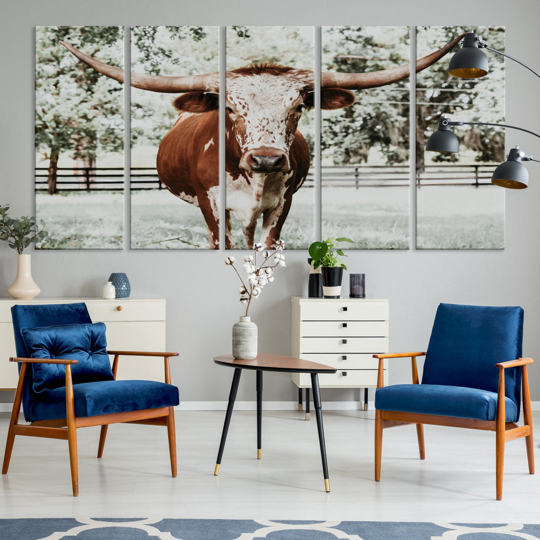 Texas Longhorn Wall Art Canvas Print, Framed Spotted Cow Art Picture Print, Horned Cattle Perfect Rustic Western Decor, Framed Horned Cattle Print