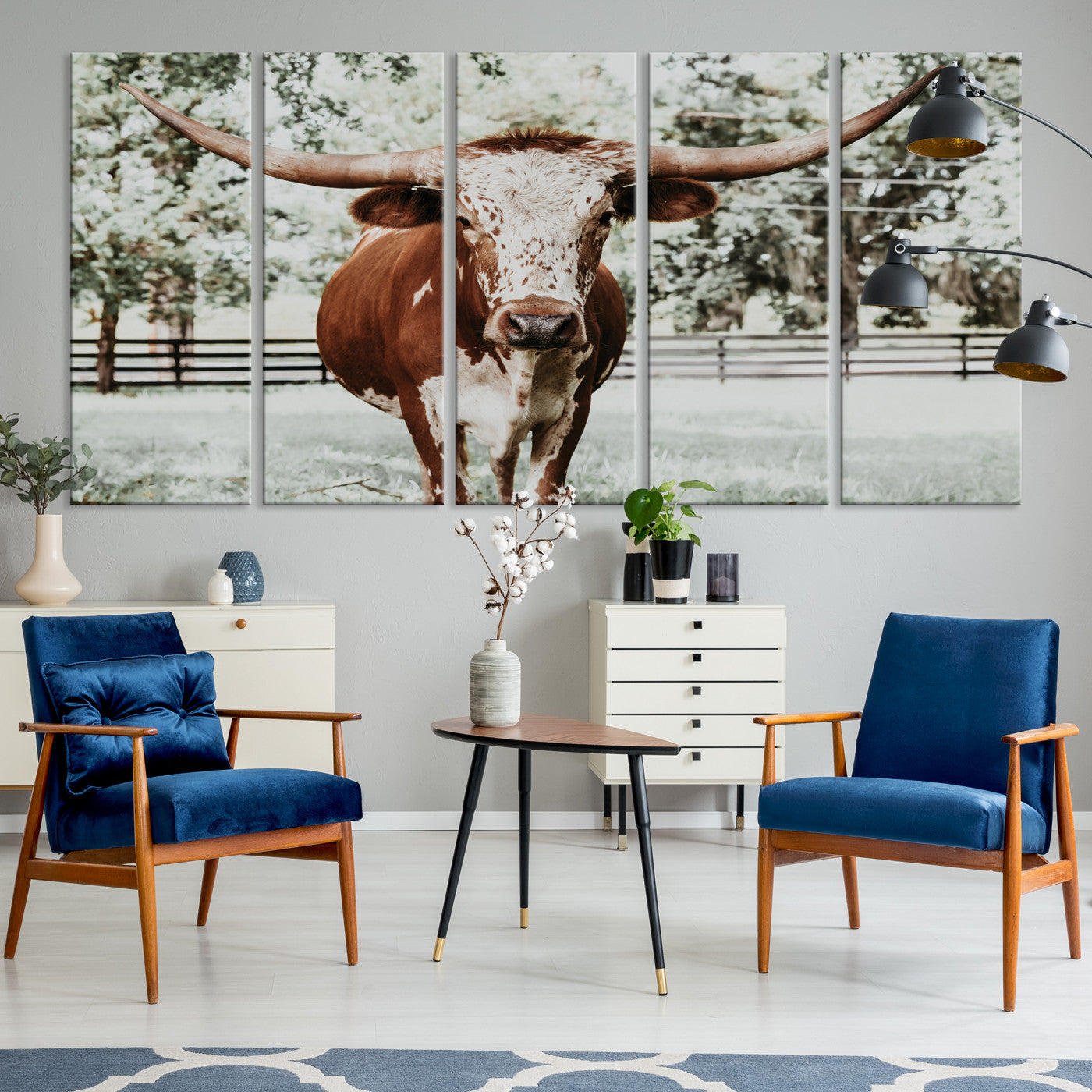 54757537-MGV-CV-36X24-Texas Longhorn Wall Art Canvas Print, Framed Spotted Cow Art Picture Print, Horned Cattle Perfect Rustic Western Decor Artwork