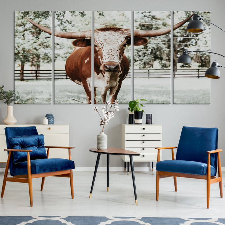 Texas Longhorn Wall Art Canvas Print, Framed Spotted Cow Art Picture Print, Horned Cattle Perfect Rustic Western Decor, Framed Horned Cattle Print