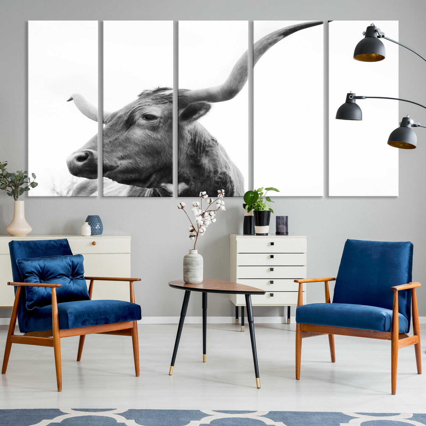 64392617-MGV-CV-36X24-Longhorn Wall Art Wall Art Canvas Print, Framed Modern Ranch Style Art Art Picture Print, Monochrome Cow Print Perfect Rustic Western Decor