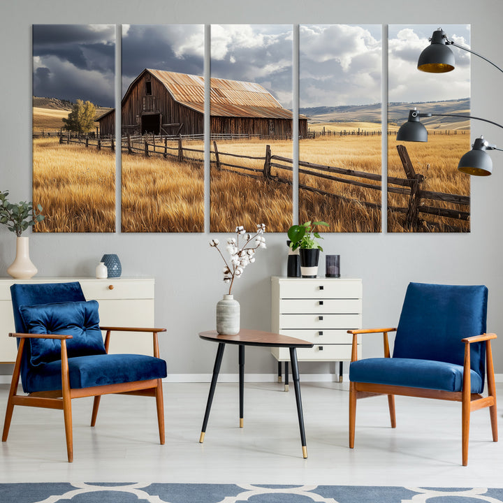 Canvas of a weathered wooden barn in a golden field under a dramatic sky, perfect for rustic or farmhouse-style wall decor.