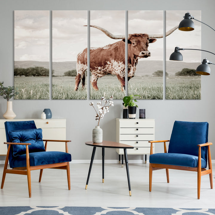Texas Longhorn Wall Art Canvas Print, Framed Spotted Cattle Art Picture Print, Horned Bull Perfect Rustic Western Decor Artwork
