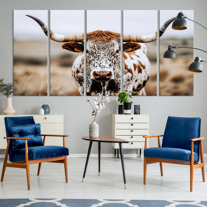 Texas Longhorn Wall Art Canvas Print, Framed Spotted Cow Art Picture Print, Horned Cattle Perfect Rustic Western Decor Artwork