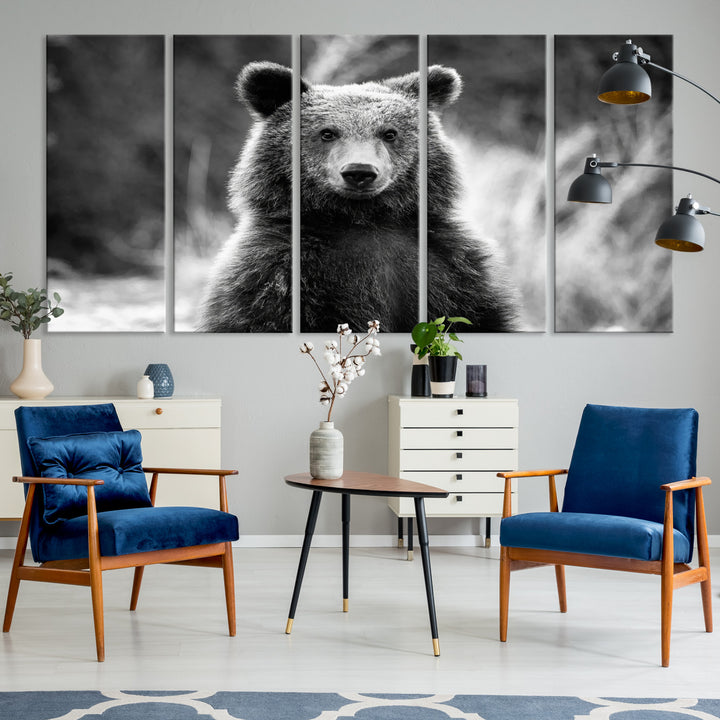 Grizzly Bear Wall Art Canvas Print, Framed Black White Bear Art Picture Print, Wild Bear Perfect Rustic Wildlife Decor