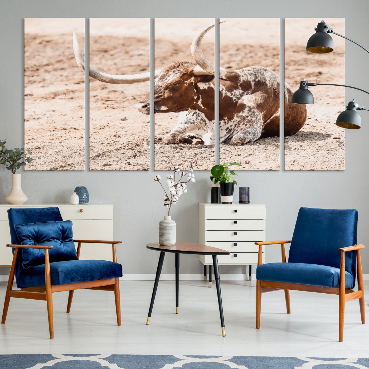 91248682-MGV-CV-36X24-Texas Longhorn Wall Art Canvas Print, Framed Resting Bull Art Picture Print, Spotted Cattle Perfect Rustic Western Decor, Spotted Cattle