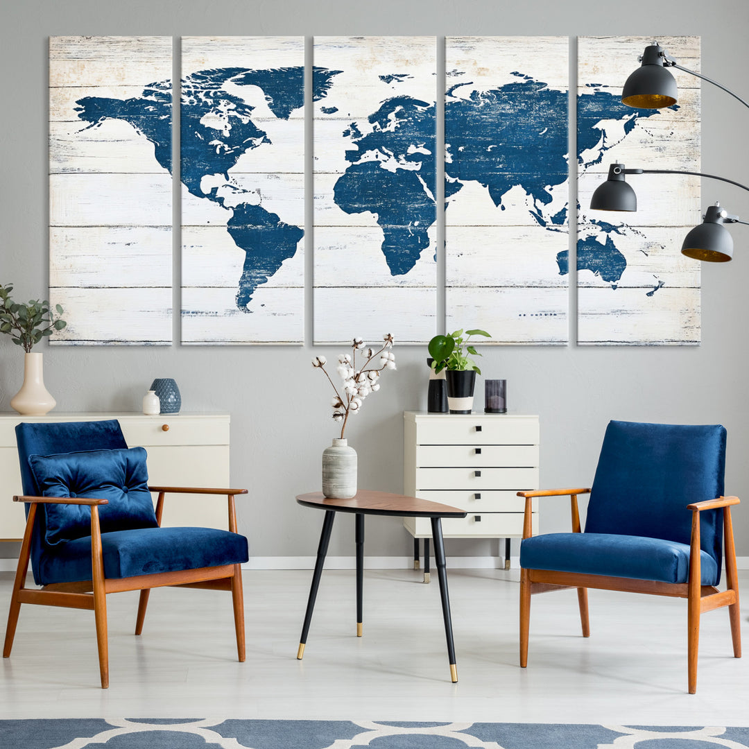 Rustic world map with blue continents on distressed wooden planks, perfect for coastal, explorer, or vintage-style wall decor.