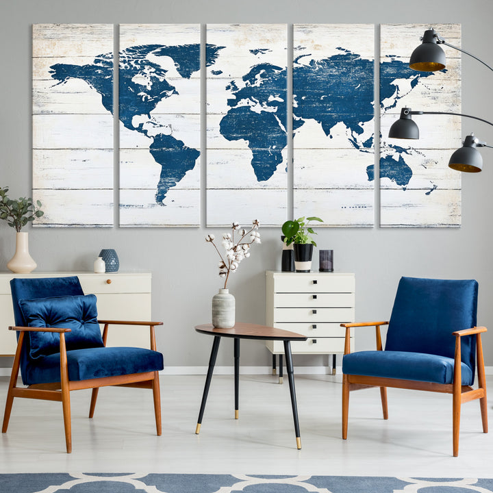 Rustic world map with blue continents on distressed wooden planks, perfect for coastal, explorer, or vintage-style wall decor.