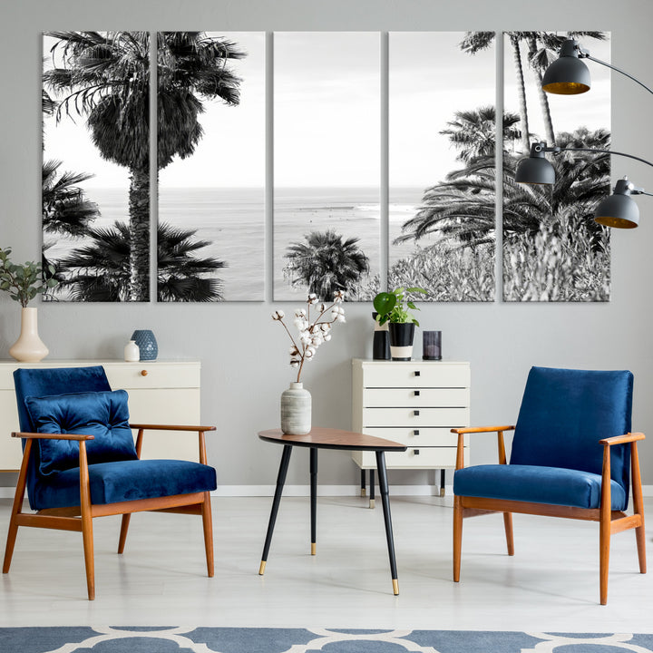 Monochrome canvas of palm trees framing a coastal surf scene, perfect for California-inspired or retro black-and-white beach decor.