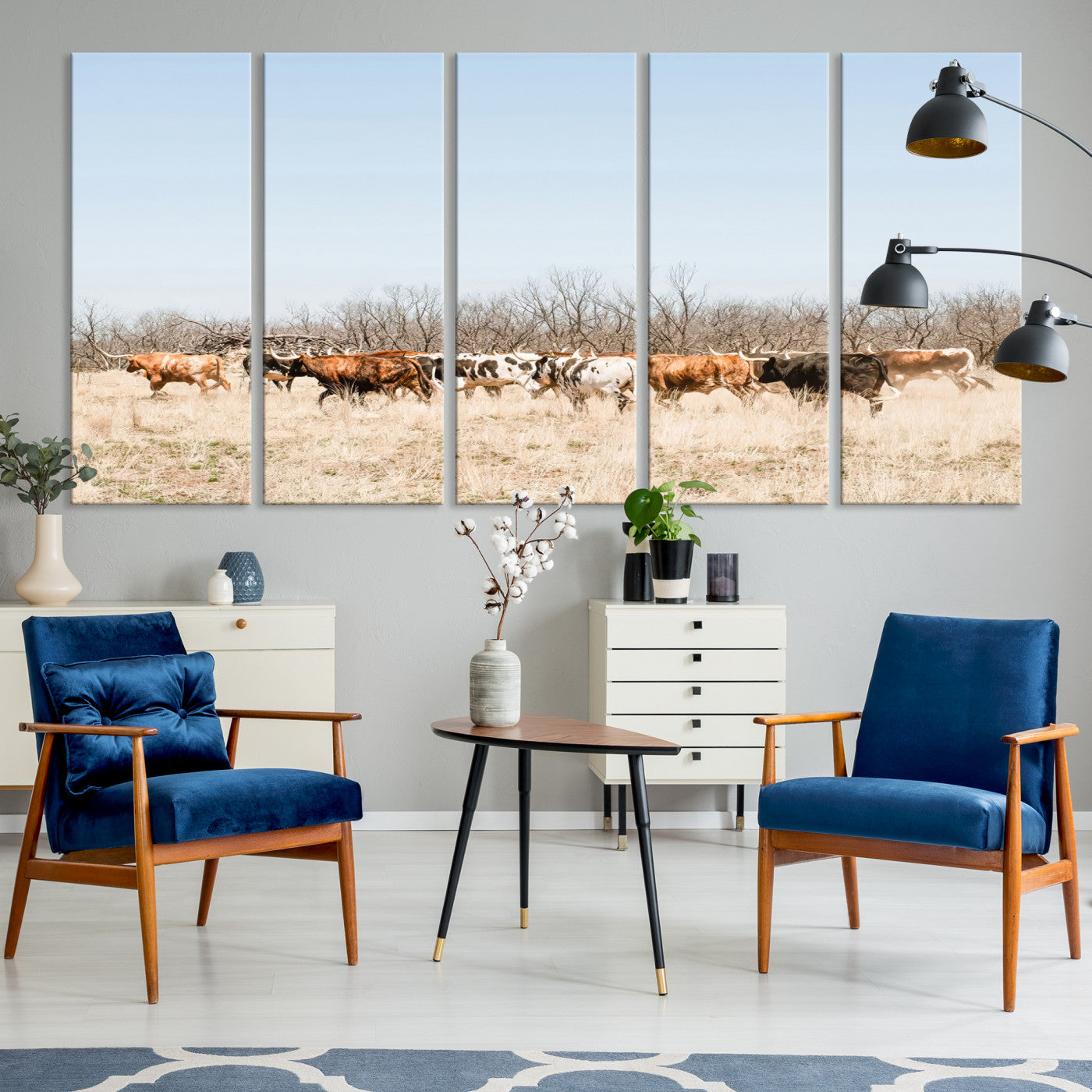16563092-MGV-CV-36X24-Texas Longhorns Wall Art Canvas Print, Western Cattles Print Wall Art, Framed Rustic Herd Art Print, Large Country Cows Printing Rustic