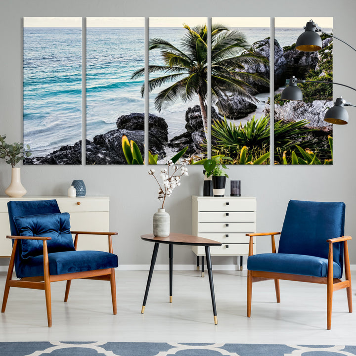 Framed canvas of a vibrant tropical coastline with palm trees, rocky cliffs, and turquoise waters, ideal for tropical coastal home decor.
