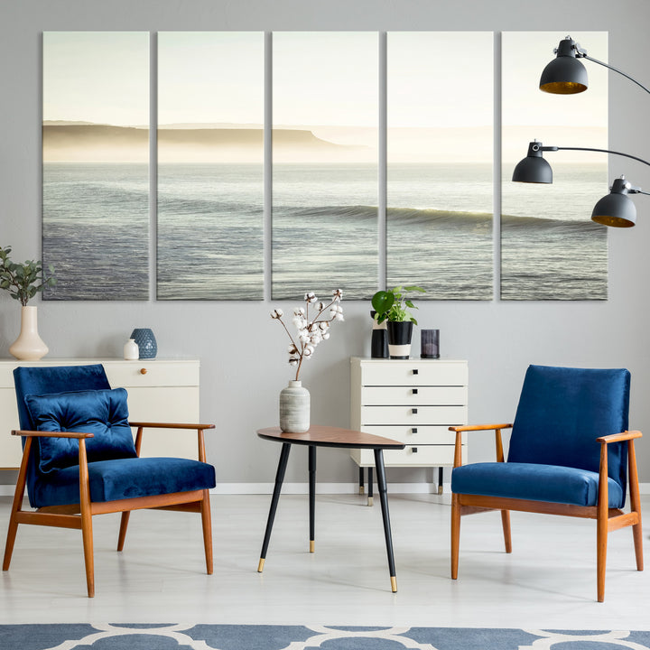 Canvas of a misty ocean scene with coastal cliffs and soft neutral tones, ideal for Scandinavian coastal or minimalist nature-inspired home decor.