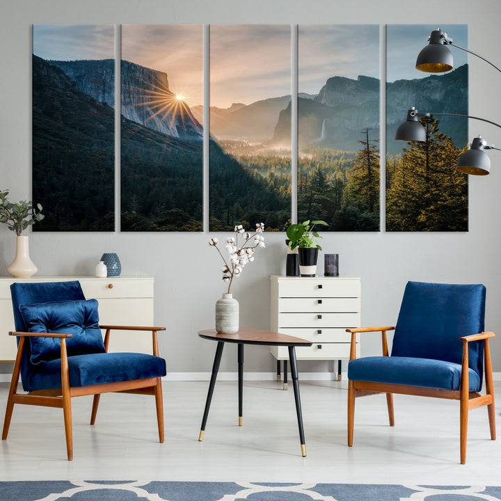 Canvas of Yosemite Valley at sunrise with dramatic rays and earthy tones, perfect for vintage explorer or wilderness-themed home decor.