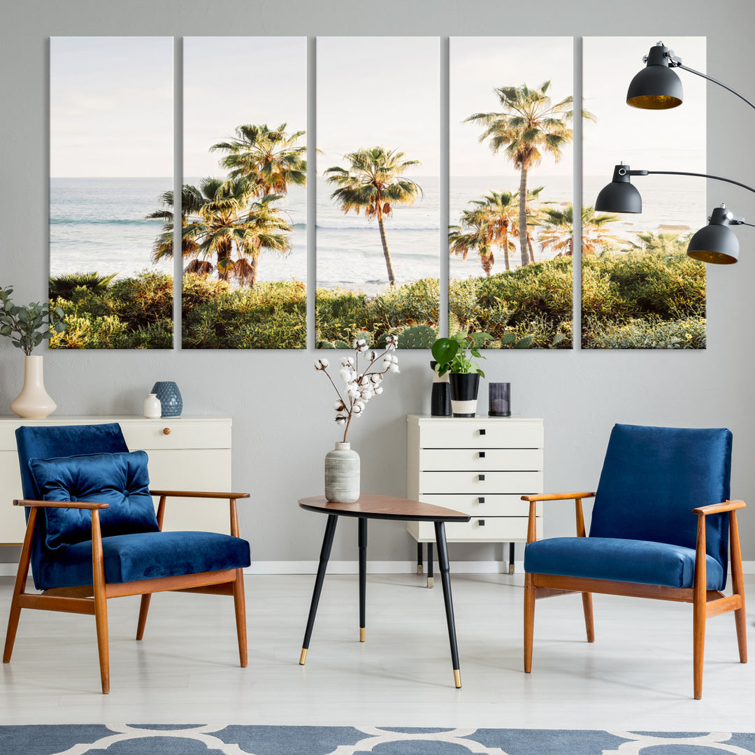 Framed print of sunlit palm trees on the California coast with warm tones, perfect for coastal minimalist or beach-style home decor.