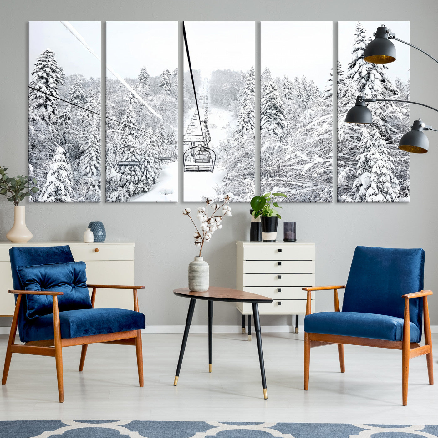 44705668-MGV-CV-36X24-Winter Forest Wall Art Canvas Print, Framed Snowy Forest Art Picture Print, Winter Ski Lift Perfect Scandinavian Minimalist 3/3 Decor