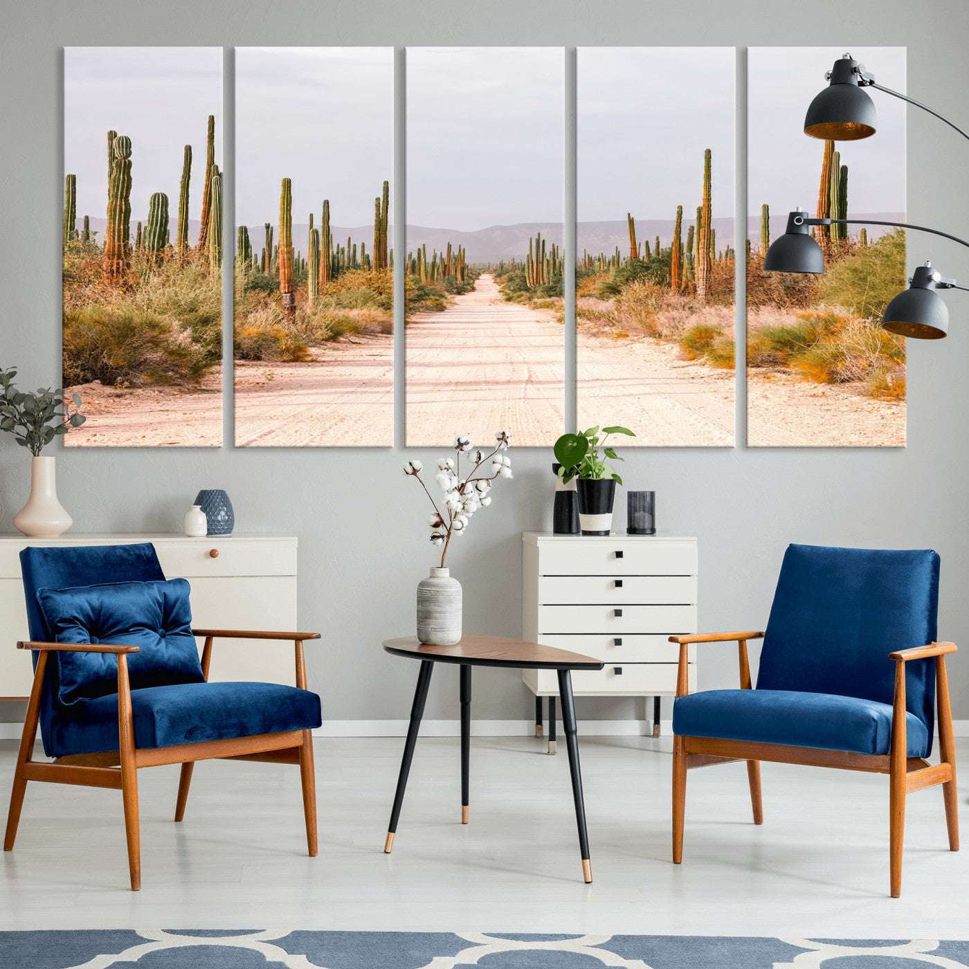 MGV-CV-60X31-5P - Desert Cactus Lined Road Wall Art Canvas Print, Framed Southwestern Landscape Art Picture Print, Bohemian Western Aesthetic Perfect Southwestern Boho Decor Artwork
