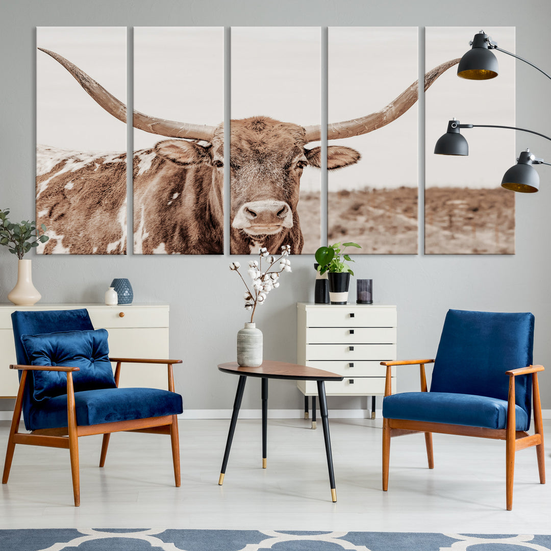 Longhorn Cow Wall Art Canvas Print, Framed Texas Ranch Art Picture Print, Western Bull Perfect County Decor Artwork