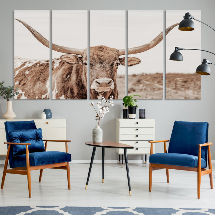 Longhorn Cow Wall Art Canvas Print, Framed Texas Ranch Art Picture Print, Western Bull Perfect County Decor Artwork